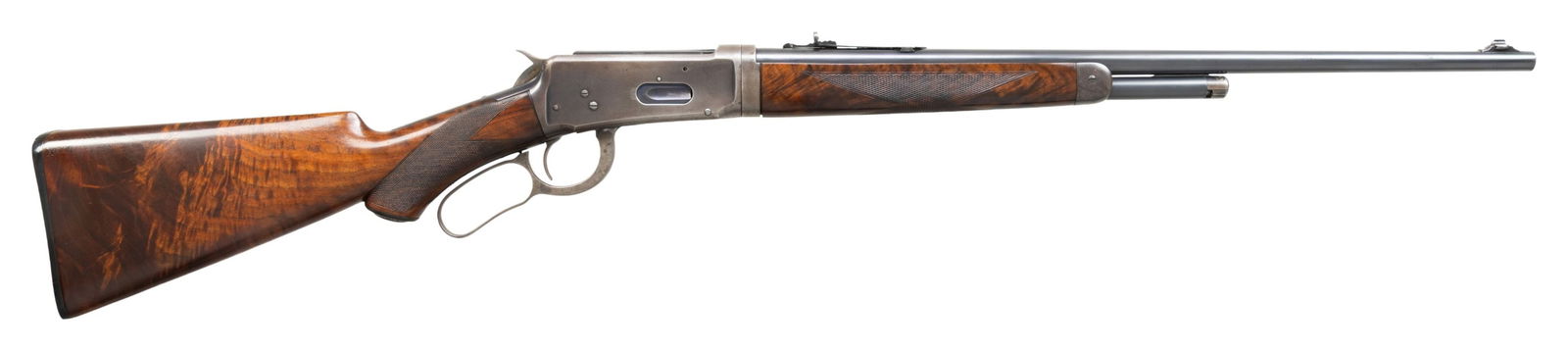RARE, DOCUMENTED WINCHESTER 1894 SPECIAL ORDER: DELUXE EXTRA LIGHTWEIGHT TAKEDOWN LEVER ACTION RIFLE. Cal. 30 WCF. S# 160125. Mfg. 1902. Bbl. 22" extra lightweight with special order ramp mounted Lyman bead front sight & Lyman rear. Page 114 of the