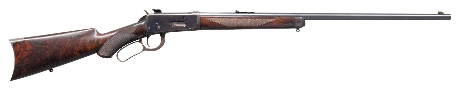 WINCHESTER MODEL 1894 DELUXE LEVER ACTION RIFLE.: Cal. 30 WCF. S#. 39561. Bbl. 26" round. Replacement bead front with original style express rear sight &"Climin Lyman" receiver sight missing eye piece. Blue finish with case colored hammer & lever. .