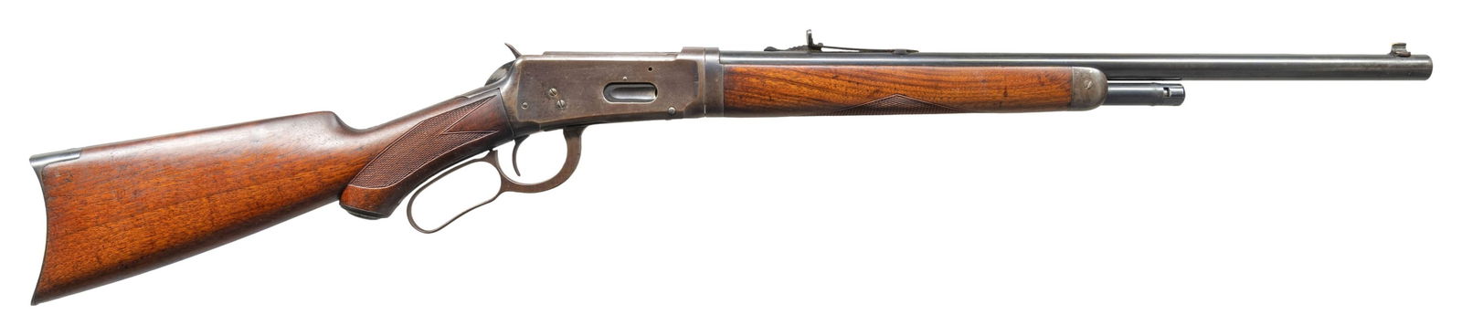 SPECIAL ORDER WINCHESTER 1894 SEMI DELUXE SHORT: RIFLE. Cal. 25-35 WCF. S# 963345. Mfg. 1923. Bbl. 20" rd with shallow dovetailed Lyman white bead front sight and elevator adjustable semi buckhorn rear sight. "Manufactured by the Winchester Repeatin