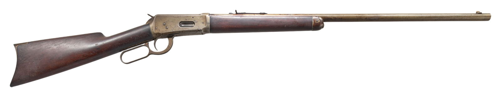 WINCHESTER MODEL 1894 LEVER ACTION RIFLE.: Cal. 32-40. S#. 458571. Bbl. 26" round. Sporting front with replacement flat top sporting rear sight. Half length mag. Walnut forend & stock with crescent steel buttplate.1908 mfg. CONDITION: metal fi