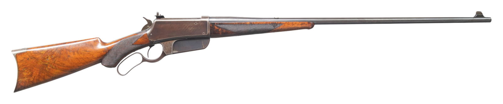 DOCUMENTED ANTIQUE 2ND YEAR PRODUCTION WINCHESTER: MODEL 1895 DELUXE "FLATSIDE" LEVER ACTION RIFLE. Cal. 30 U.S. (30-40 Krag. S# 1889. Bbl. 28" with ramp mounted blade front sight, blank in rear dovetail and Climbin' Lyman receiver sight. Nicely figur