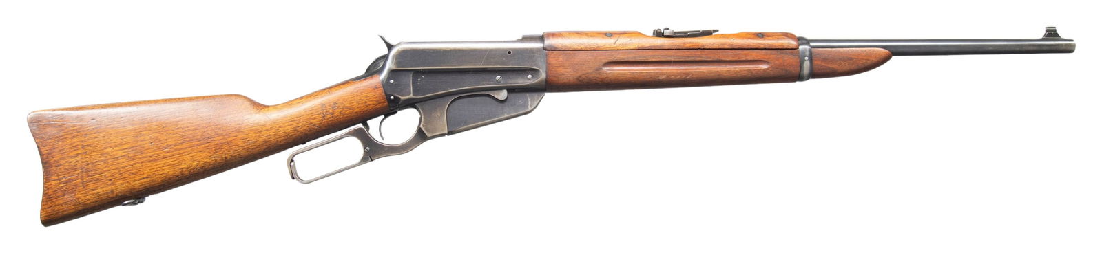 WINCHESTER 1895 LEVER ACTION SRC.: Cal. 30-06. S# 417719. Bbl. 22" with Redfield replacement pinned bead blade front and carbine leaf rear sight. Left sie of receiver has saddle ring and has 2 added holes with plug screws for sight att