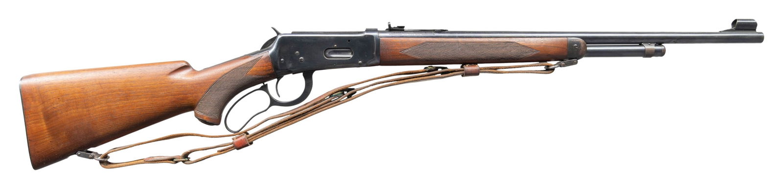 WINCHESTER M64 DELUXE LEVER ACTION RIFLE.: Cal. 25-35 WCF. S# 1271959. Mfg. 1941. Bbl. 20" with hooded dovetailed bead front sight on stippled short ramp. Elevator adjustable sporting rear sight. "-Winchester / Proof Steel - Model 64 - Winches