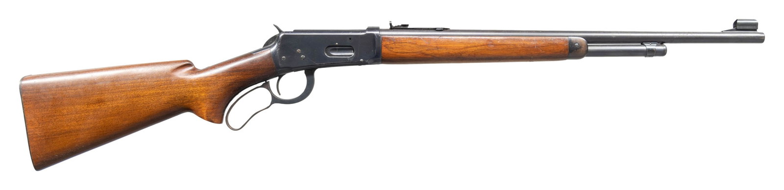 RARE PRE WAR WINCHESTER MODEL 64 CARBINE.: Cal. 32-40. S# 1116955. Mfg. 1936, Bbl. 20" hooded bead front sight on a short stippled ramp. Elevator adjustable sporting rear sight. Plain trigger. "L533" on the lower tang. Smooth pistol grip walnu