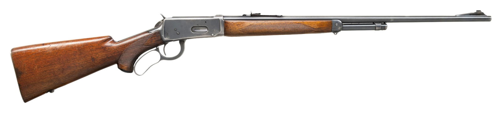 WINCHESTER MODEL 64 DELUXE LEVER ACTION DEER: RIFLE. Cal. 30 WCF. S# 1619584. Bbl 24" tapered round, ramp mounted front sight with sporting rear sight. 2/3 length mag. Semi beavertail forearm and hard rubber capped pistol grip stock has factory c