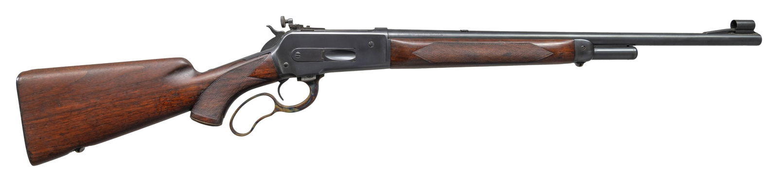 EARLY PRE-WAR WINCHESTER MODEL 71 DELUXE STYLE: LEVER ACTION RIFLE. Cal. 348 WIN. S# 188. Mfg 1935. Bbl. 20: Winchester proof steel with hooded brass bead front sight dovetailed on a stippled, plugged rear dovetail. "-Winchester/ProofSteel - Model