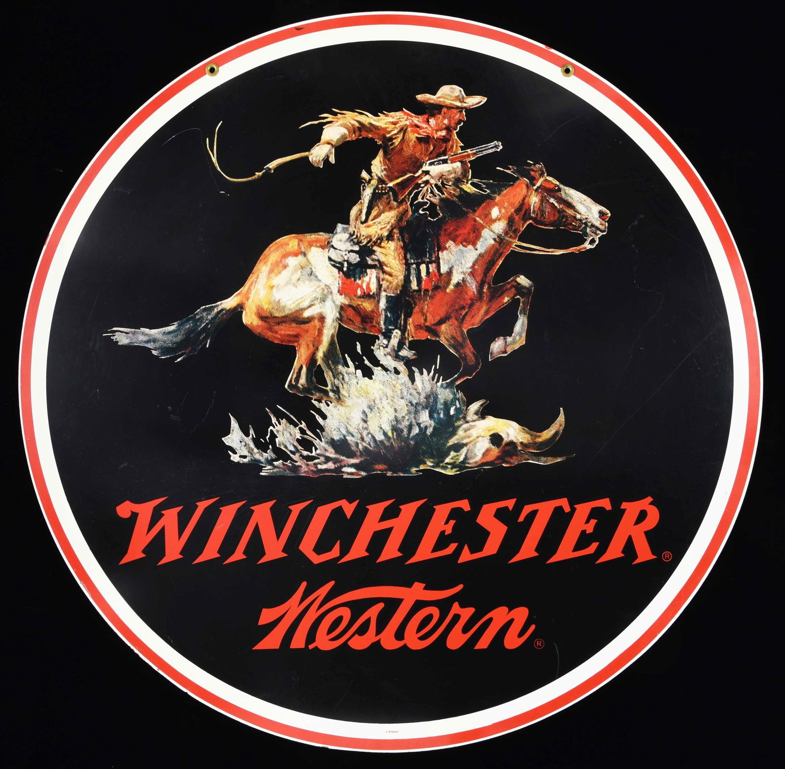 LARGE WINCHESTER WESTERN DOUBLE SIDED ADVERTISING: SIGN. Large circular double sided Winchester advertising sign, showcasing the Winchester horse & rider logo above the Winchester and Western trademark logos. Bottom of sign is marked "C27660" on
