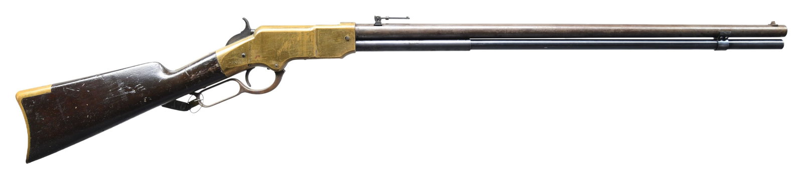 COMPOSITE HENRY TRANSITIONAL RIFLE.: Cal. 44. S# 3201. Assembled gun with 26" round barrel with fake Henry markings, Briggs style magazine tube which loads from slot near frame Covered by sliding sleeve. The frame is not marked and has