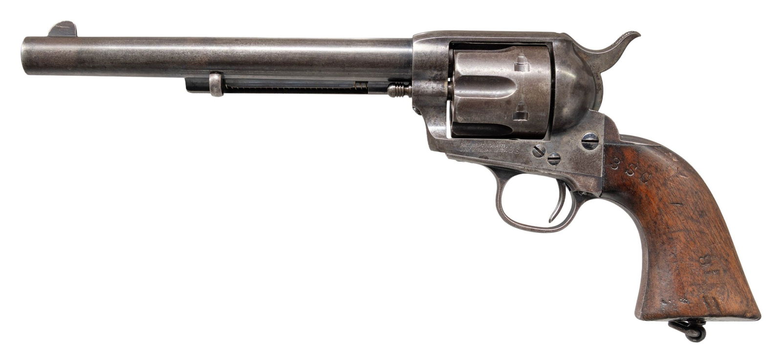 VERY RARE, DOCUMENTED "PRE-1895" ISSUE NEW YORK: MILITIA COLT SAA CAVALRY REVOLVER. Cal 45 Colt. S# 140064. Listed by serial number on page 129 of "COLT CAVALRY & ARTILLERY REVOLVER...A CONTINUING STUDY" by Kopec & Fenn, this revolver is one of