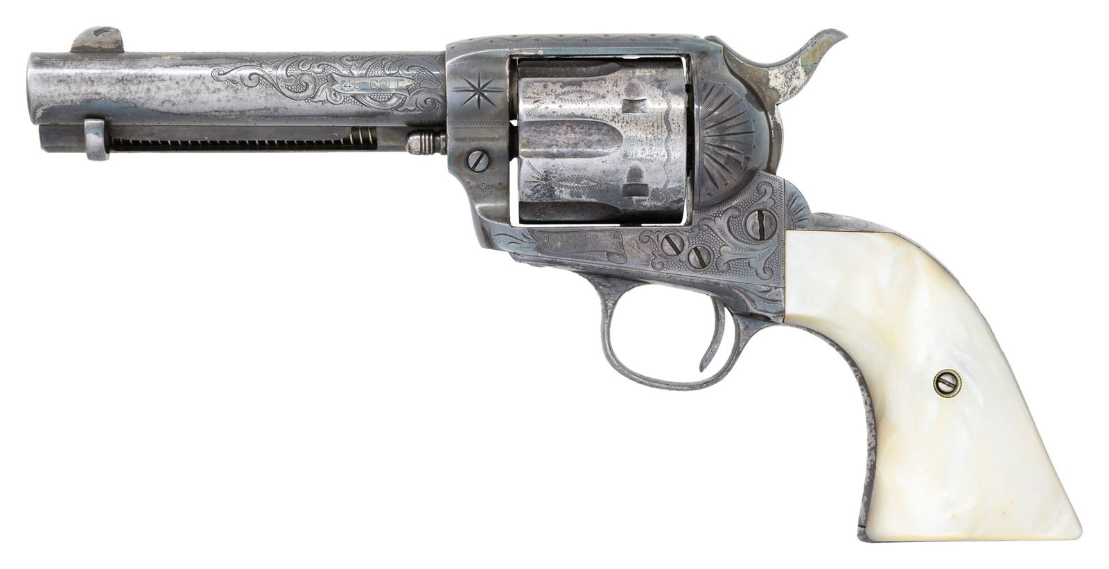 UNIQUE CUNO HELFRICHT ENGRAVED COLT SAA REVOLVER,: ATTRIBUTED TO COWBOY MOVIE STAR TOM MIX. Cal. 45 Colt. S# 302657. Tom Mix, 1880-1940, was an iconic western film star during the silent film era, appearing 291 films. A hand written letter from L. E.