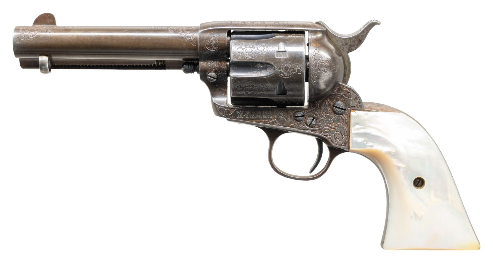 FOX STUDIOS MARKED COLT CUSTOM ENGRAVED SAA: REVOLVER. Cal. 41 Colt. S# 190748 on frame. Grips straps are marked with S# "189975". Bbl. 4 3/4". Bottom of bbl. is hand stamped "FOX STUDIOS". Frame, cyl., bbl., ejector housing, and grips straps