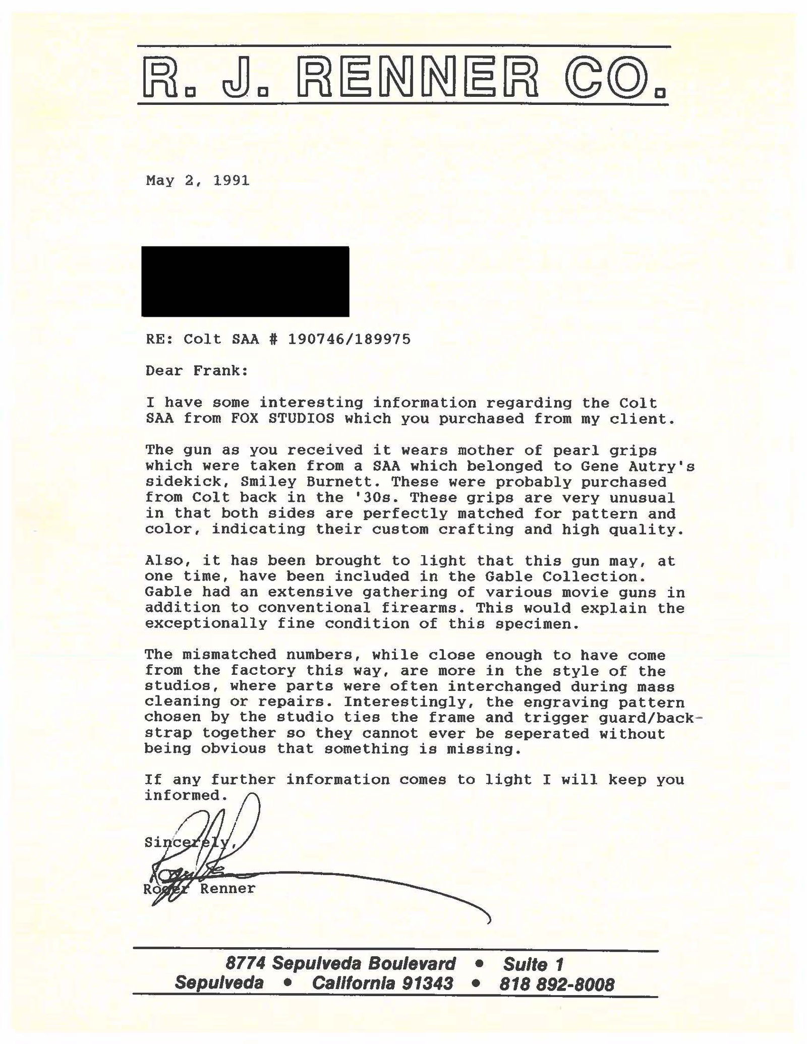 FOX STUDIOS MARKED COLT CUSTOM ENGRAVED SAA - 4