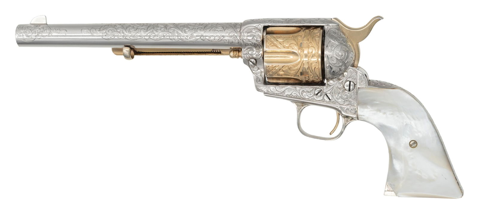 WELDON BLEDSOE ENGRAVED COLT FIRST GENERATION SAA: REVOLVER. Cal. 32 WCF (32-20). S# 347603. Bbl. 7 1/2". 6-shot fluted cyl. 75% coverage of vine type foliate scroll hand engraving with punch dot backgrounds attributed to Texas engraver Weldon