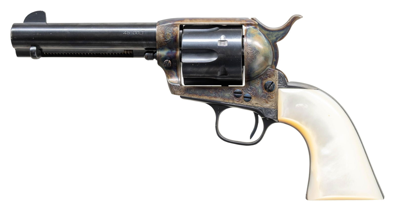 TASTEFULLY CUSTOM ENGRAVED FIRST GENERATION COLT: SINGLE ACTION ARMY REVOLVER. Cal. 45 Colt. S# 338911. Bbl. 4 3/4". First Generation Single Action Army revolver mfg. by Colt in 1920. Left side of the bbl. is marked "45 COLT", with Colt's 2-line