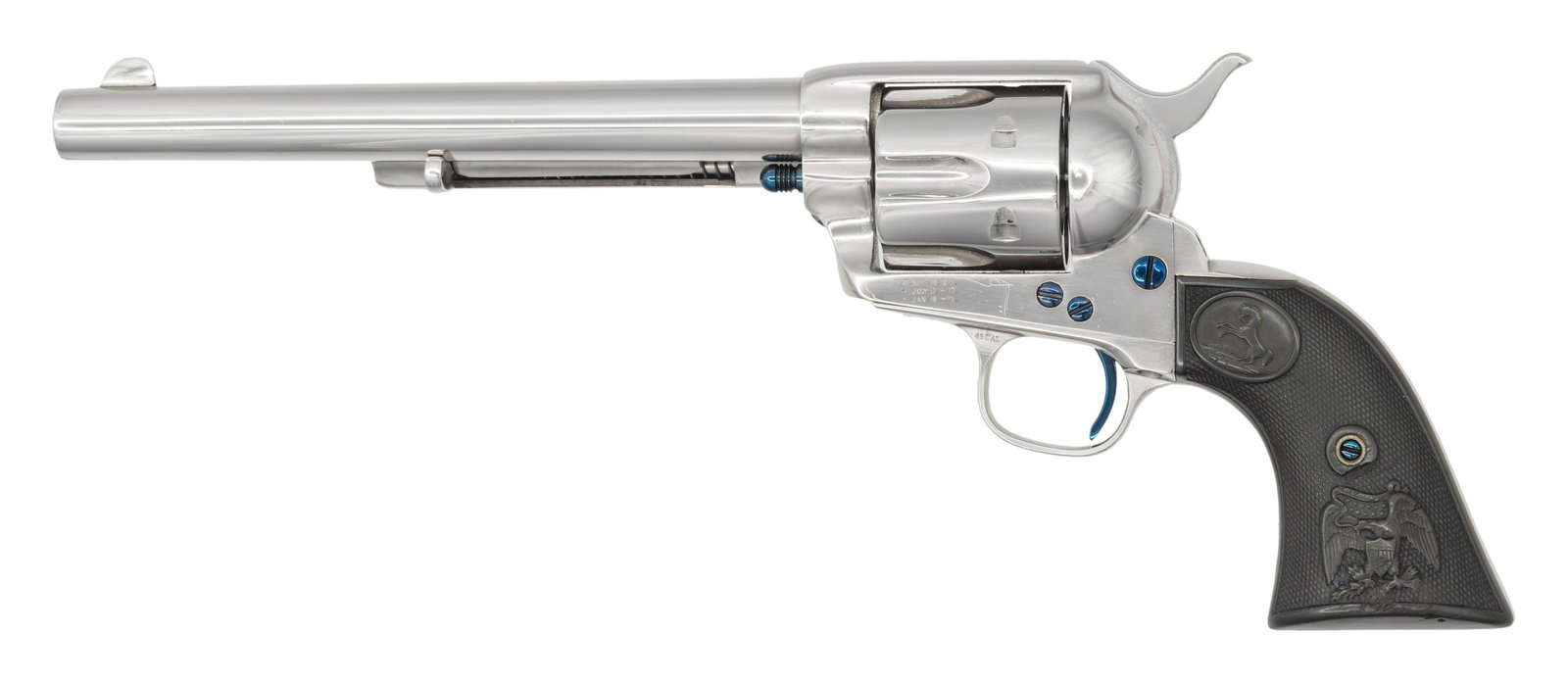 COLT FIRST GEN SAA SHIPPED TO CALDWELL COLT.: Cal. 45. S# 81350. Revolver has been beautifully restored to like new condition in standard configuration as stated in factory letter, shipped Aug. 22, 1882 to C.H. Colt, nickel, rubber logo eagle