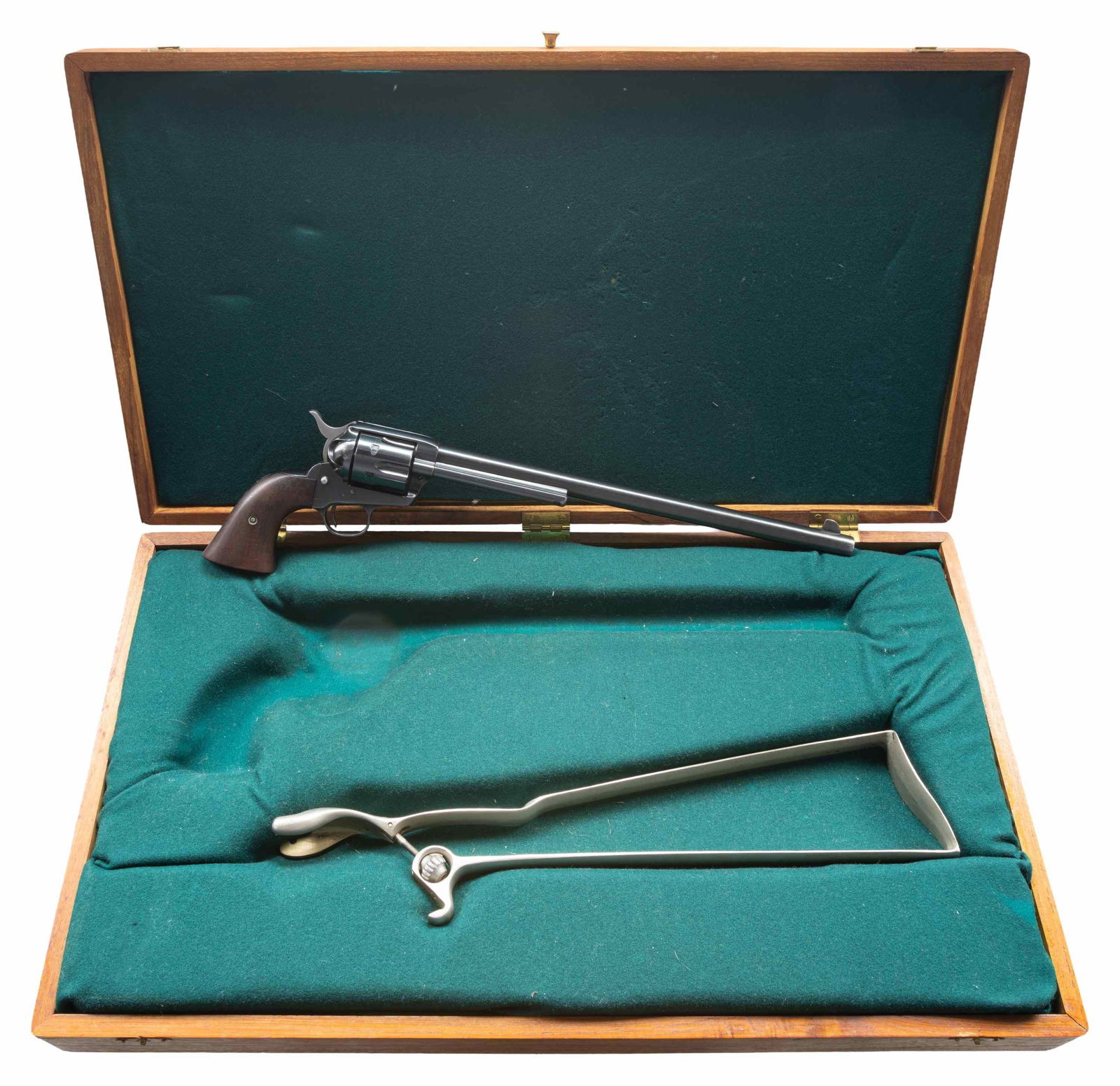 CUSTOM COLT SINGLE ACTION ARMY BUNTLINE SPECIAL: REVOLVER BUILT BY STEMBRIDGE FOR "WILD BILL" ELLIOTT, WITH CASE & STOCK. Cal. 44 Spl. S# 181217. Bbl. 13 1/2". Single Action Army revolver originally mfg. by Colt in 1898 and subsequently converted