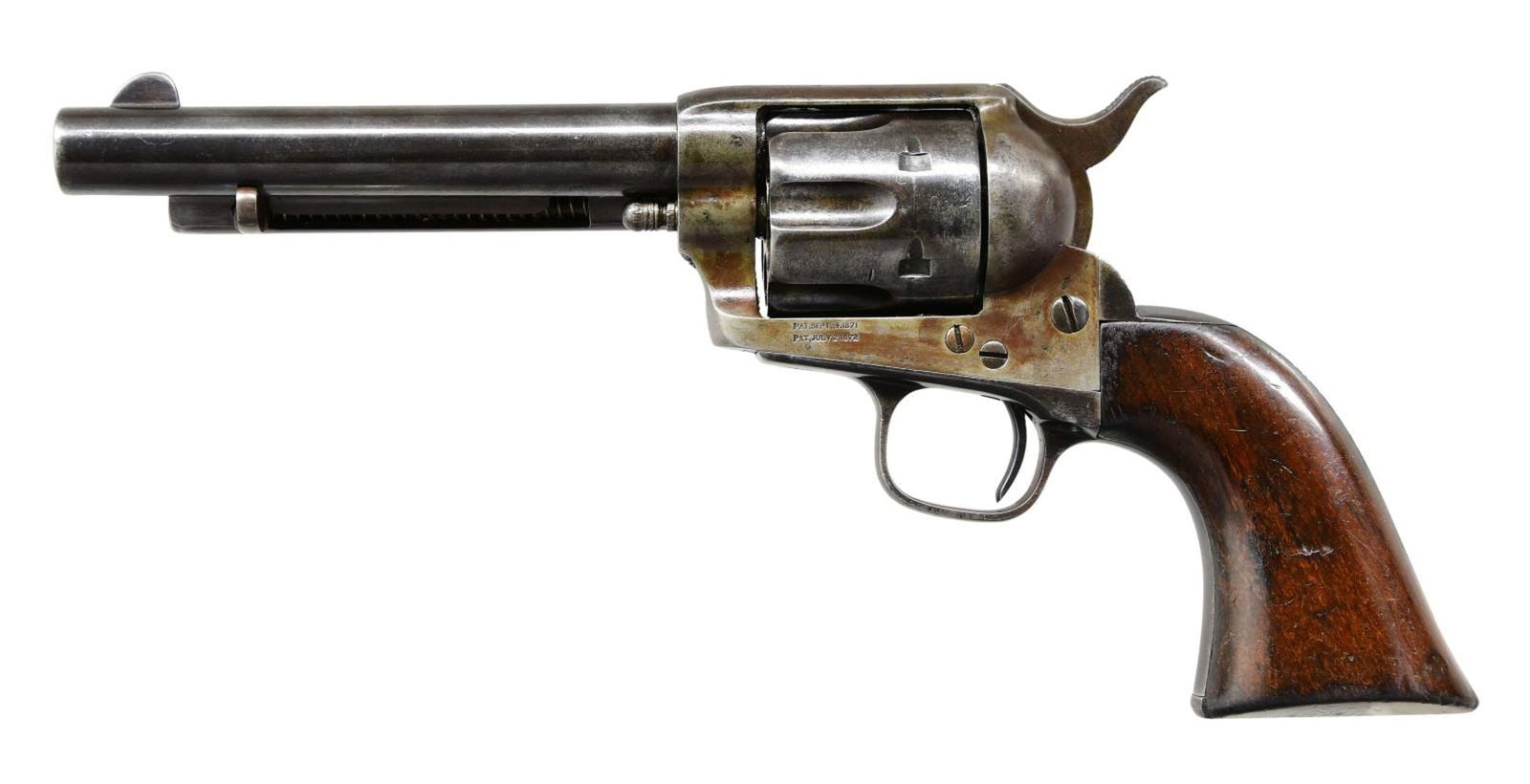 EXCEEDINGLY RARE (110 PRODUCED) COLT FIRST GEN: LONDON SHIPPED SAA REVOLVER IN 45 SHORT ELEY WITH FACTORY LETTER. Cal. 45 Short Eley. S# 20524. Recognizing a sales opportunity Colt manufactured a number of revolvers in British calibers such as this