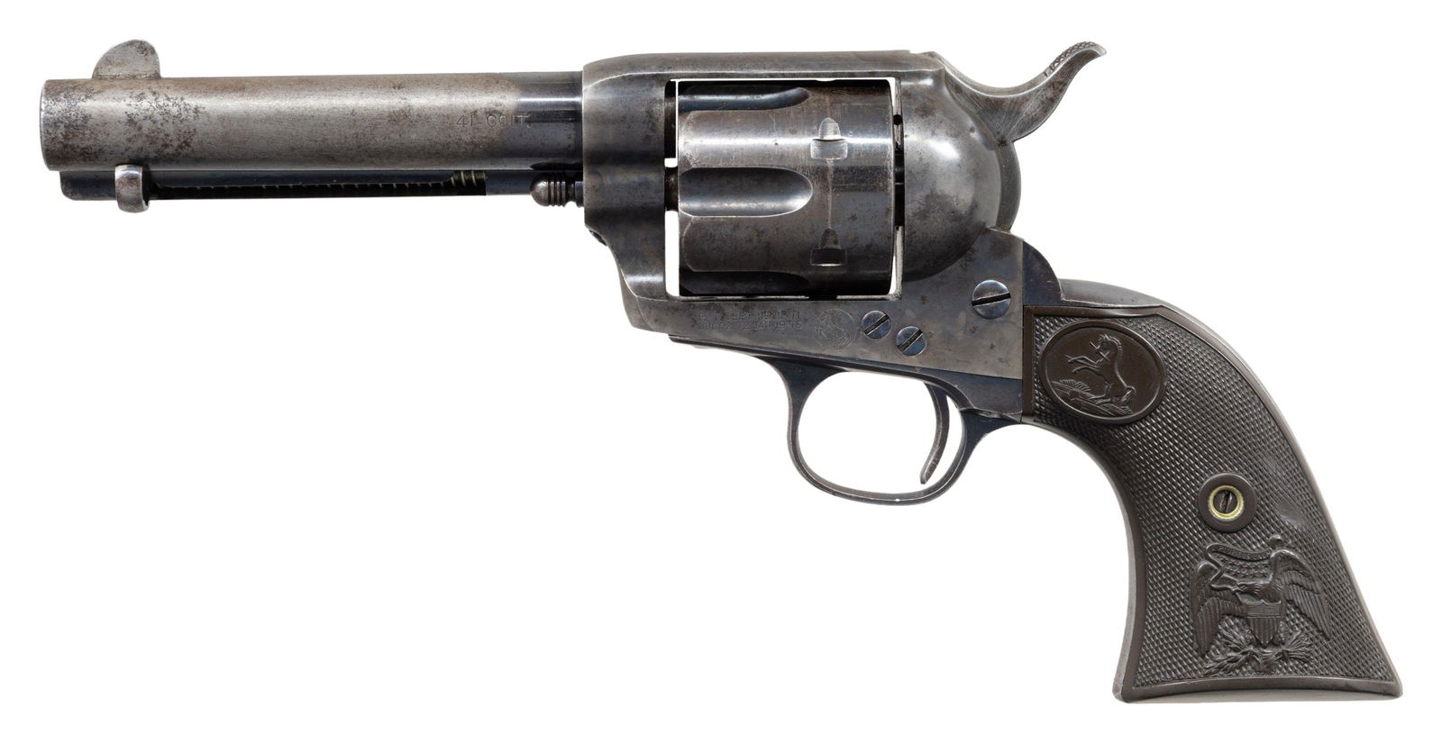 COLT 1ST GEN. BLACK POWDER FRAME SAA REVOLVER: CHAMBERED IN DESIRABLE 41 COLT WITH FACTORY LETTER. Cal. 41 Colt. S# 136047. Bbl. 4 3/4". Mfg. 1890. The 41 Colt chambering, while not exactly rare is still quite scarce on comparison to other