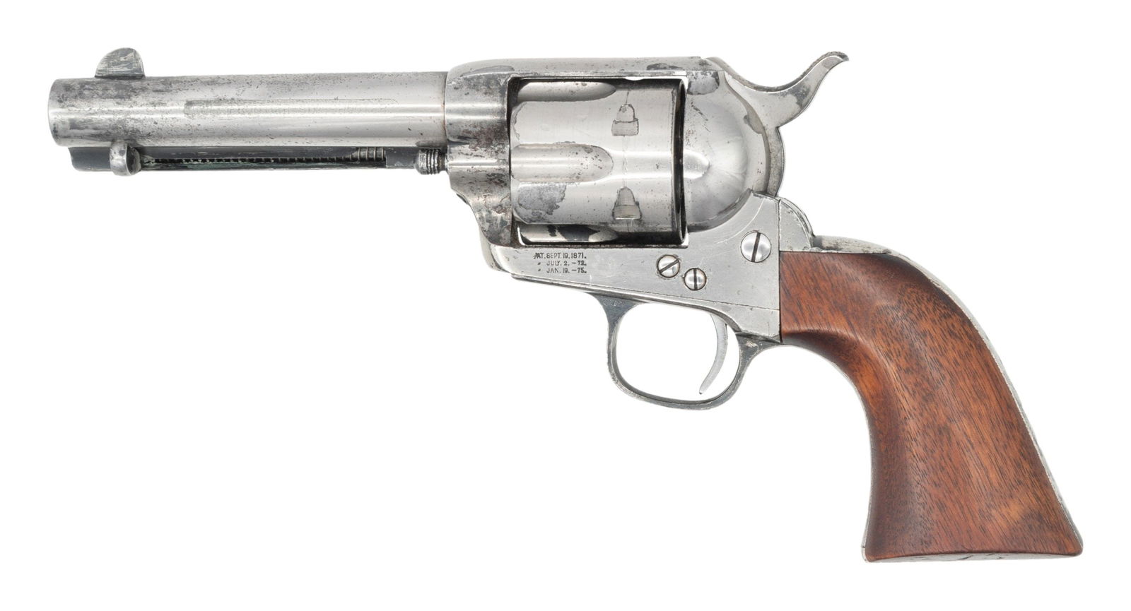 COLT FRONTIER SIX SHOOTER FIRST GENERATION SAA: REVOLVER. Cal. 44-40. S# 87600. Bbl. 4 3/4" with Hartford address. 6-shot fluted cyl. Nickel finish. Black powder frame. Frame and grip straps have matching S#s. 1-piece walnut grip. UNATTACHED