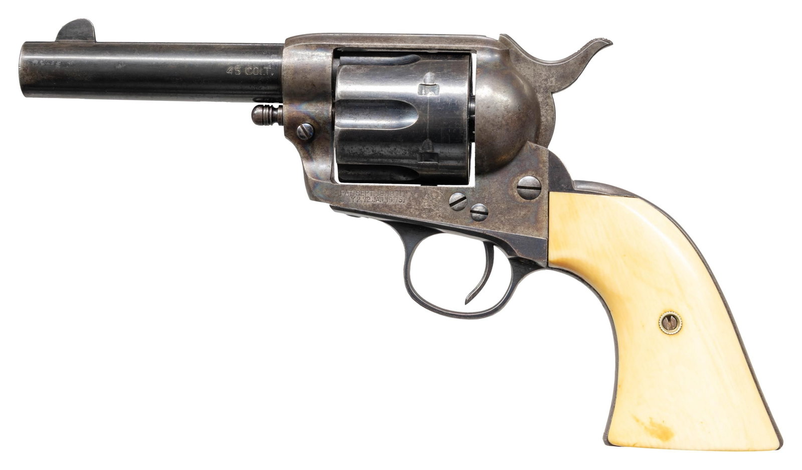EXTREMELY RARE & HIGHLY SOUGHT AFTER DOCUMENTED: FIRST GEN. 4" COLT STOREKEEPER'S MODEL SAA REVOLVER. Cal. 45 Colt. S# 204829. Bbl. 4" ejectorless with blade front sight and 2 line bbl. address. Exceptionally rare and seldom seen with this degree