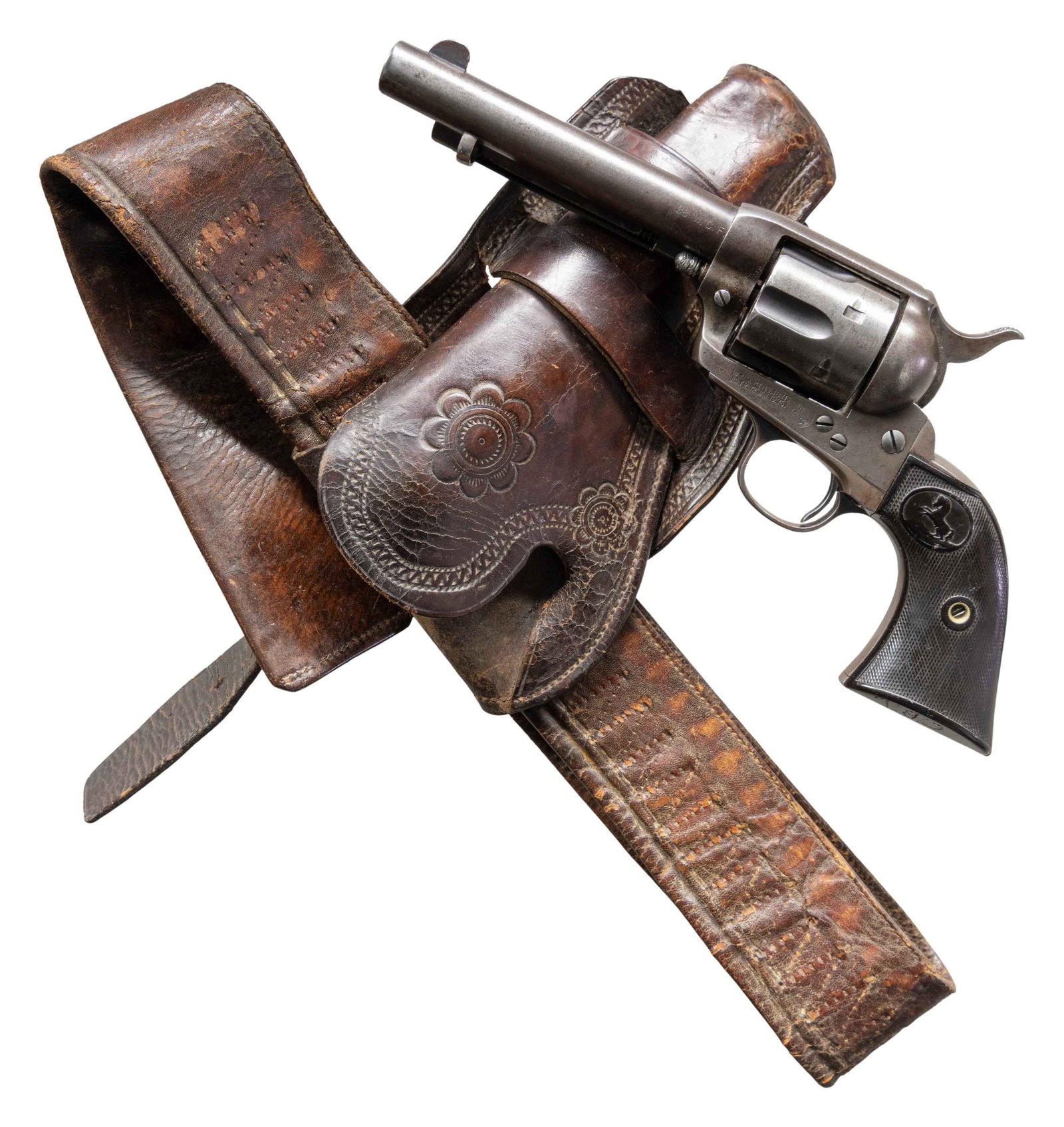 COLT FIRST GENERATION SAA REVOLVER.: Cal. 38 WCF (38-40). S# 237848. Bbl. 5 1/2". 6-shot fluted cyl. Original finish was blue and case colored. Right side of frame above the trigger guard has hand scratched numbers "447" & "186967".