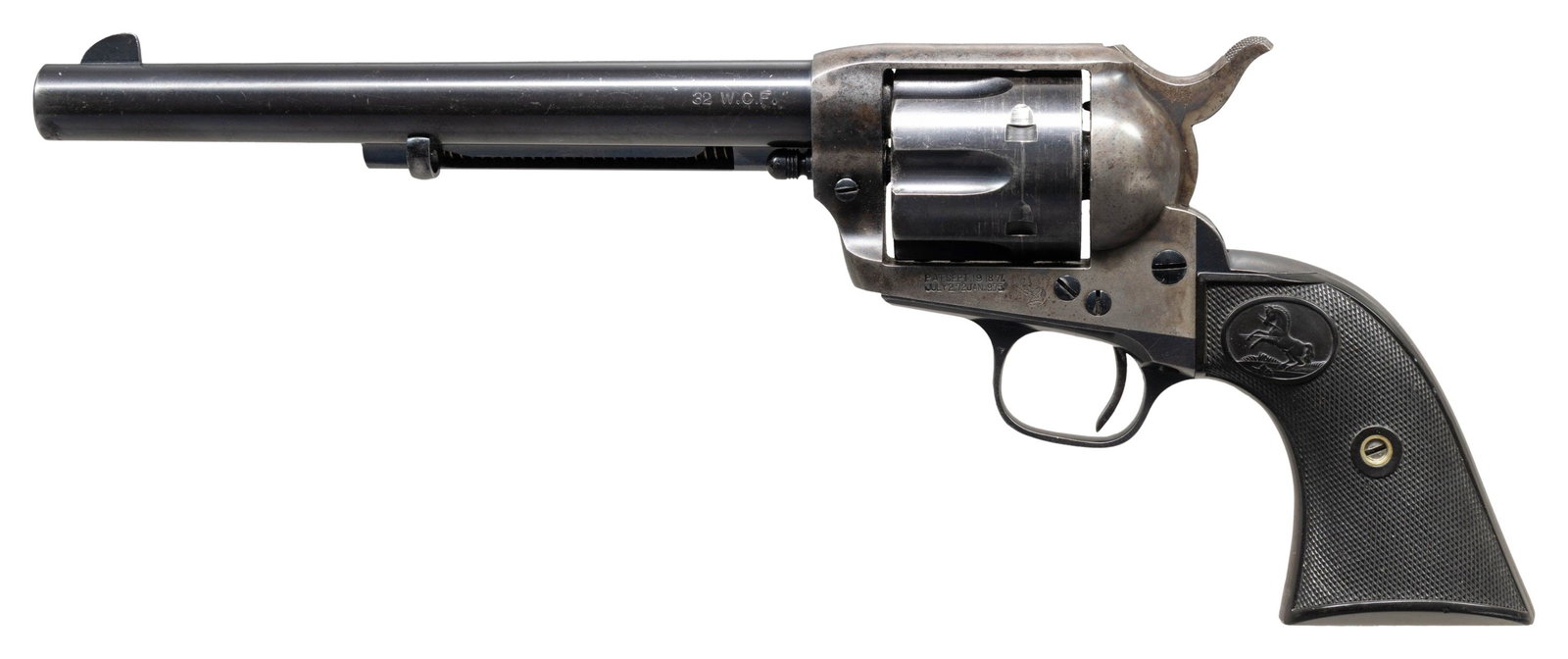 COLT FIRST GENERATION SAA REVOLVER.: Cal. 32 WCF (32-20). S# 343057. Bbl. 7 1/2" with Hartford address. 6-shot fluted cyl. Blue and case colored finish. 2-piece checkered hard rubber grips. Mfg. in 1922. UNATTACHED ACCESSORIES: tang