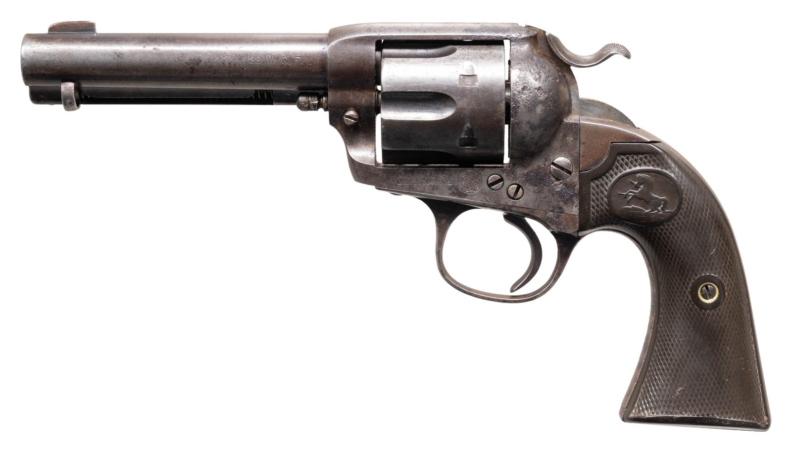 FIRST GENERATION COLT SINGLE ACTION ARMY BISLEY: MODEL REVOLVER. Cal. 38 WCF. S# 313362. Bbl. 4 3/4". First Generation Single Action Bisley Model revolver mfg. by Colt in 1910. Left side of the bbl. is marked "38 W.C.F.", with Colt's 2-line mfg. inf