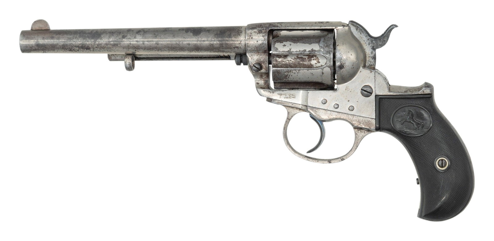 ANTIQUE ETCHED PANEL COLT 1877 "THUNDERER" DA: REVOLVER WITH FACTORY LETTER. Cal. 41 Colt. S# 56196. Bbl. 6" with blade front sight., Mfg. 1886 with nickel plated bbl., 6 shot fluted cyl & frame. Nitre blued hammer. 2 Piece checkered hard rubber