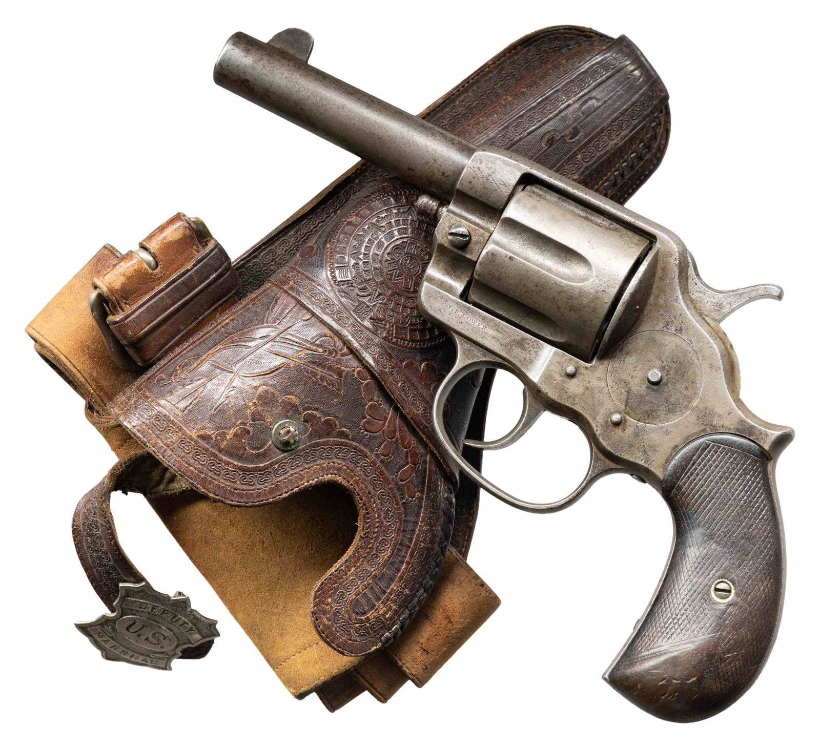 J.P. LOWER RETAILER MARKED COLT MODEL 1878 DOUBLE: ACTION REVOLVER ID'D TO DEPUTY U.S. MARSHAL WILLIAM THOMPSON WITH HOLSTER, FACTORY LETTER, & PROVENANCE. Cal. 45 Colt. S# 4338. Bbl. 4". Model 1878 double action revolver mfg. by Colt in 1880. Top of