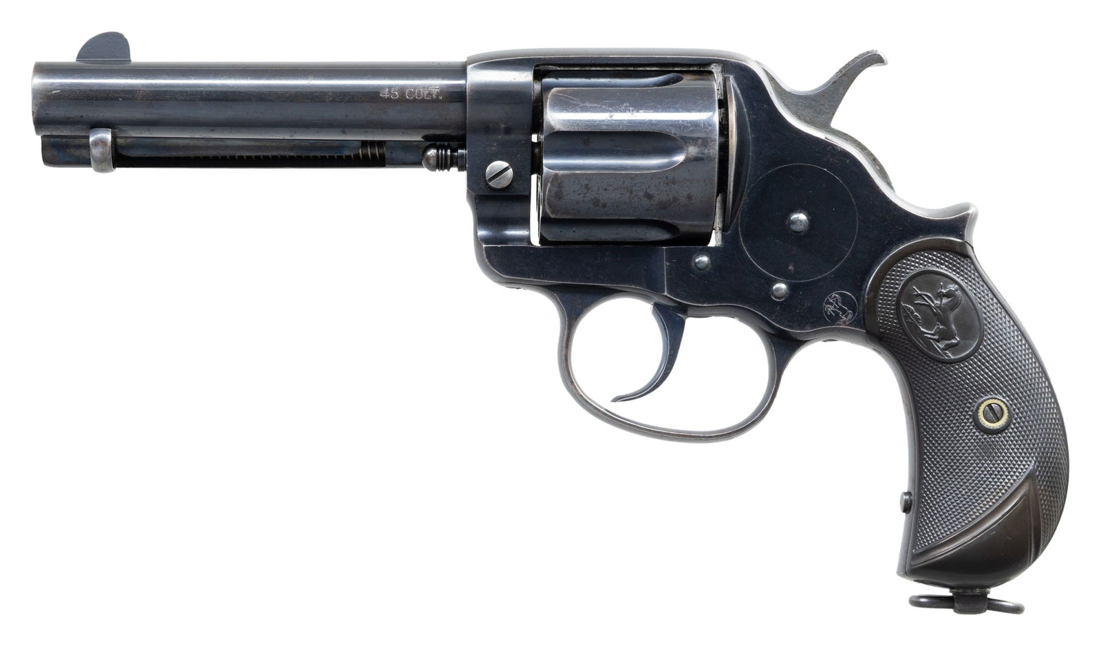 COLT MODEL 1878 DA REVOLVER.: Cal. 44 Colt. S# 35298. Bbl. 4 3/4" with blade front sight. 6-shot fluted cyl. Blue finished with polished hammer sides and lanyard loop at butt. 2-piece checkered hard rubber Rampant Colt grips.