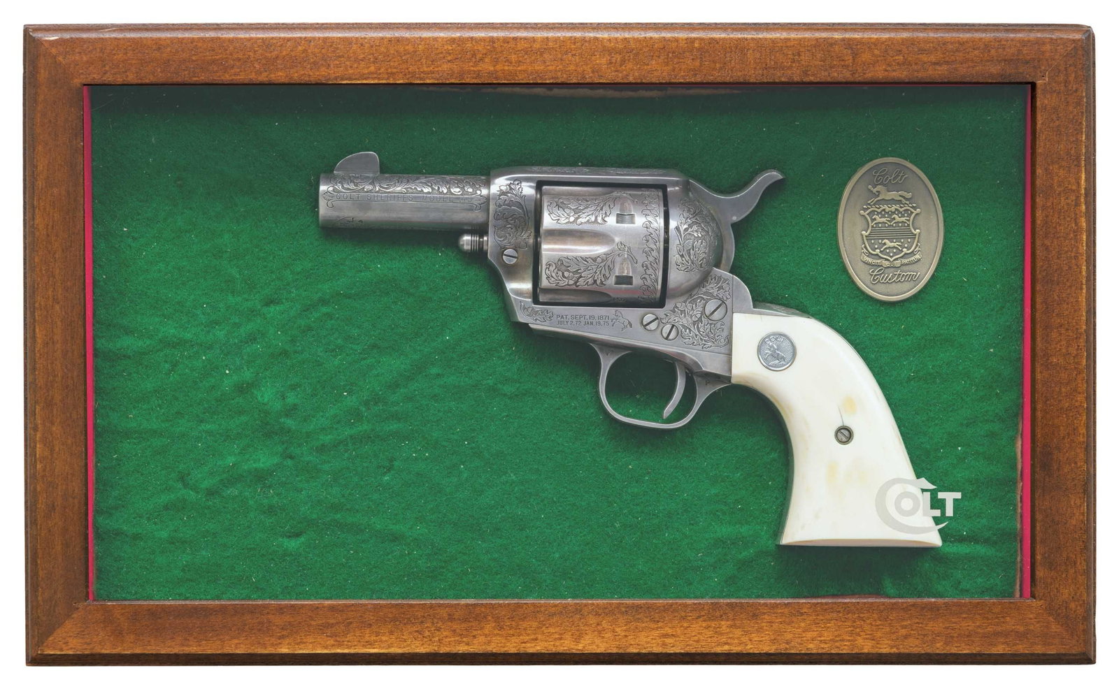 ONE OF A KIND HOWARD DOVE FACTORY INSCRIBED,: SILVER PLATED & OAK LEAF AND ACORN ENGRAVED COLT SECOND GENERATION SHERIFF'S MODEL SAA REVOLVER. Cal. 45 Colt. S# 0239SM. Bbl. 3" ejectorless with blade front sight. When one thinks of factory