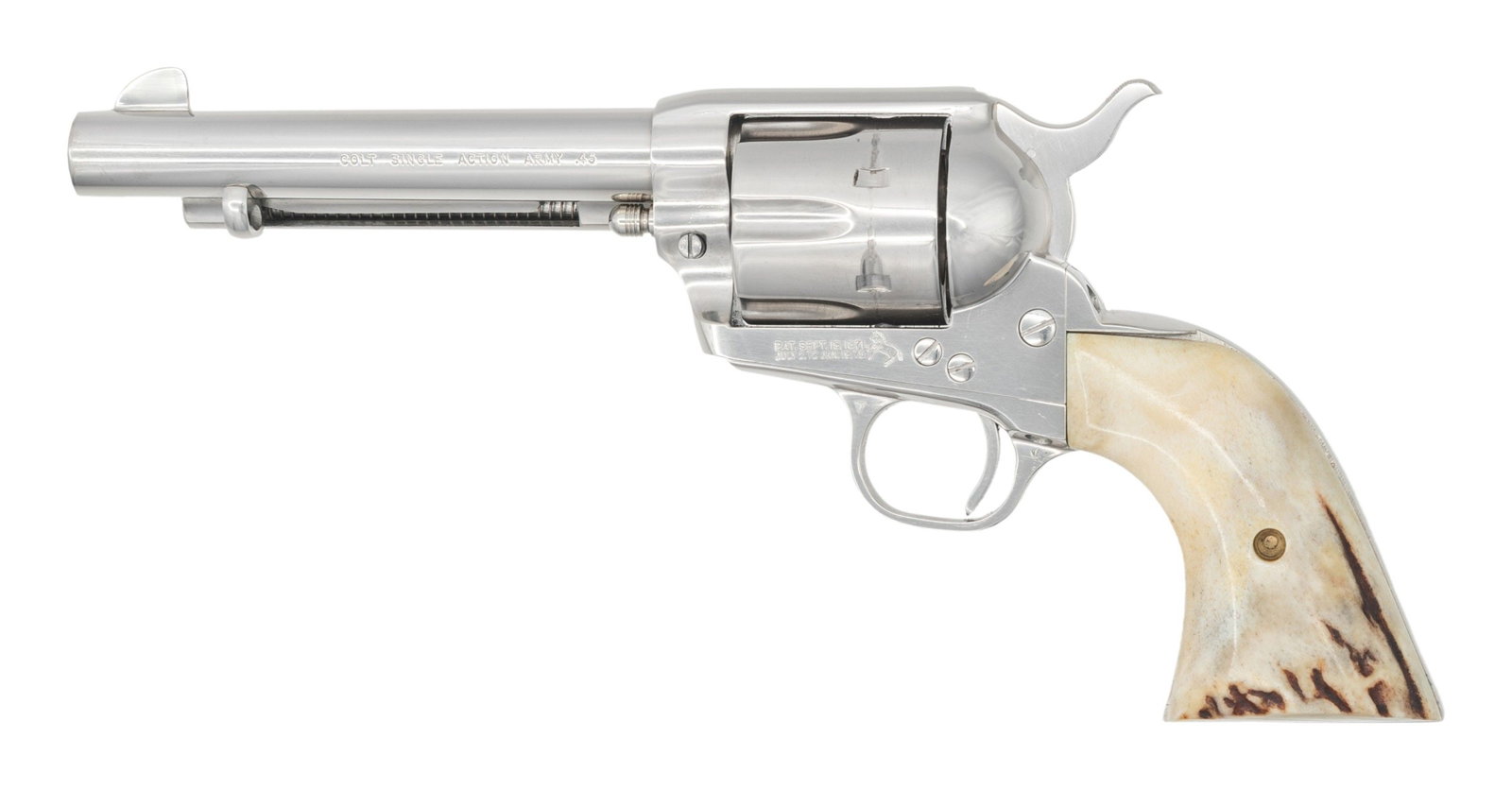 NICKEL PLATED SECOND GENERATION COLT SINGLE ACTION: ARMY REVOLVER. Cal. 45 LC. S# 57093SA. Bbl. 5 1/2". Second Generation Single Action Army revolver mfg. by Colt in 1970. Left side of the bbl. is marked "COLT SINGLE ACTION ARMY .45", with Colt's