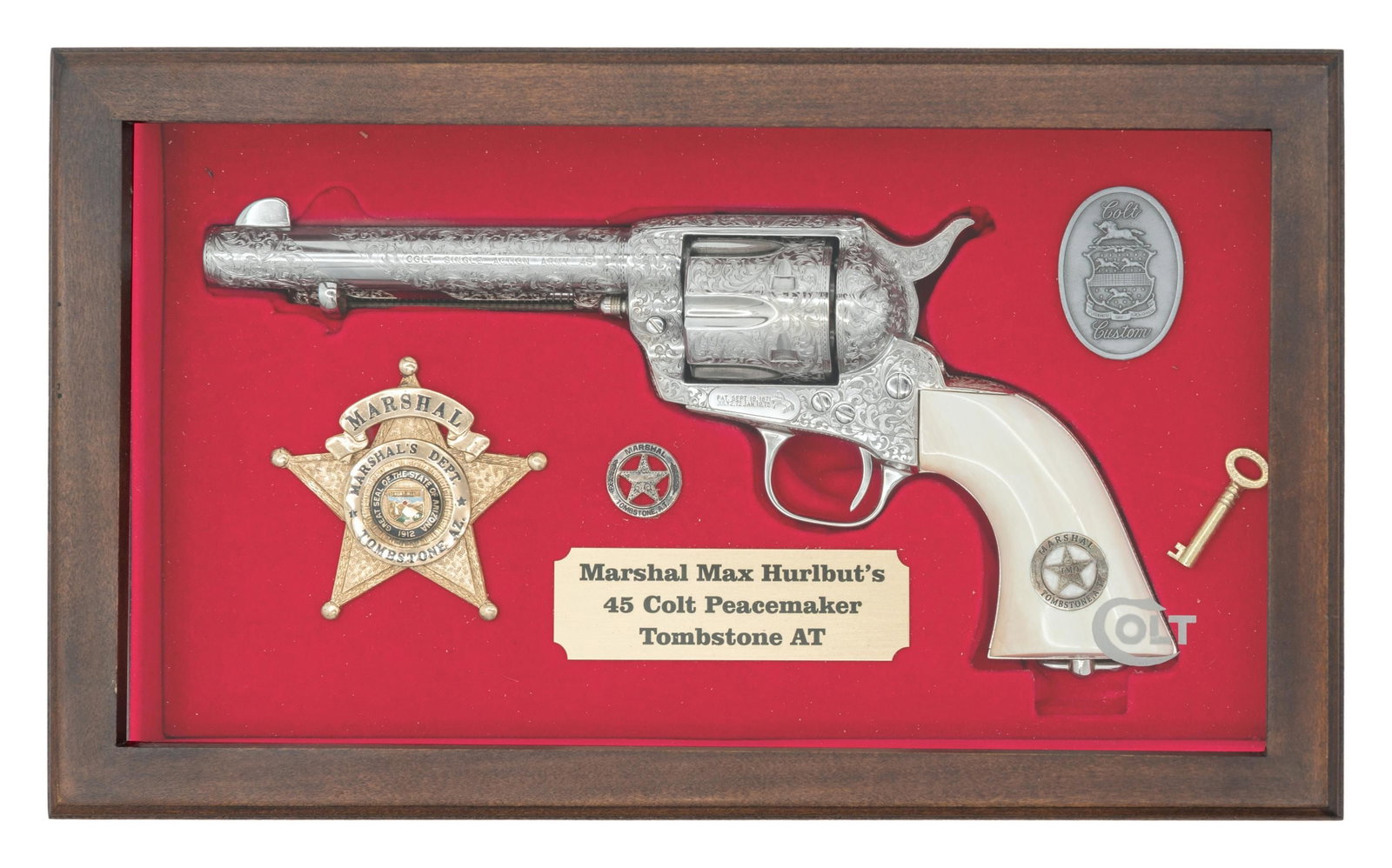 PHENOMENAL DOCUMENTED GEORGE SPRING FACTORY "D": ENGRAVED CUSTOM 3RD GEN SAA REVOLVER TO TOMBSTONE CITY MARSHAL MAX K. HURLBUT. Cal. 45 Colt. S# TMO-1. Bbl. 5 1/2" with blade front sight. This fantastic specimen was custom ordered by "The Vagabond