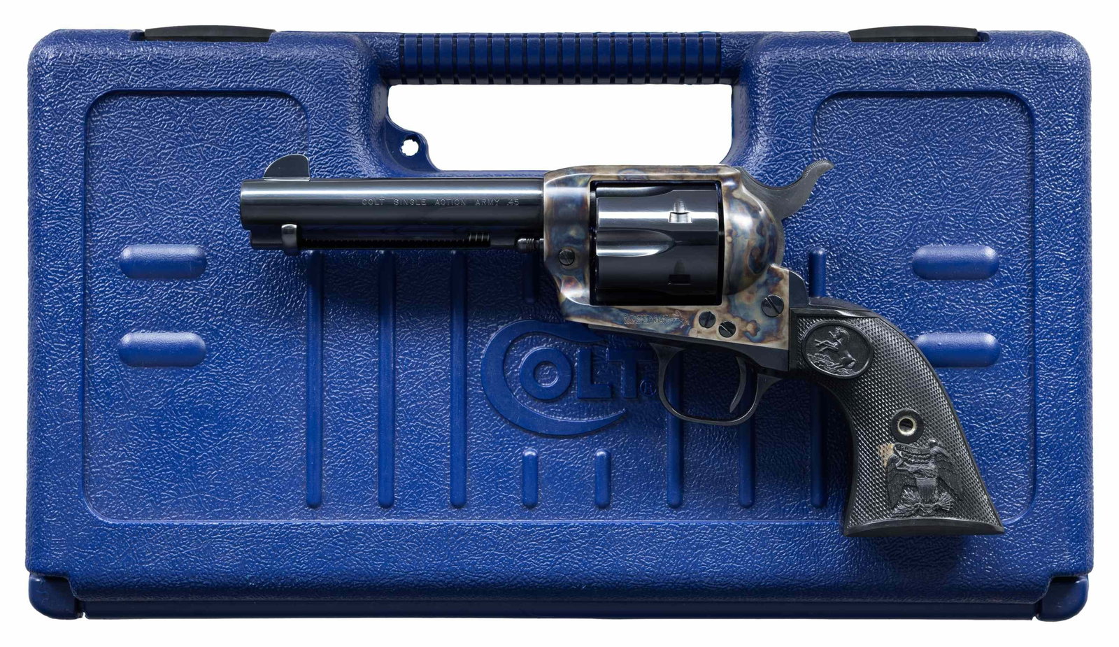 NEAR NEW THIRD GENERATION COLT SINGLE ACTION ARMY: REVOLVER WITH MATCHING FACTORY HARD CASE. Cal. 357 Mag. S# S26627A. Bbl. 4 3/4". Single Action Army mfg. by Colt in 1998. Standard markings on frame and bbl. Frame exhibits a case color hardened