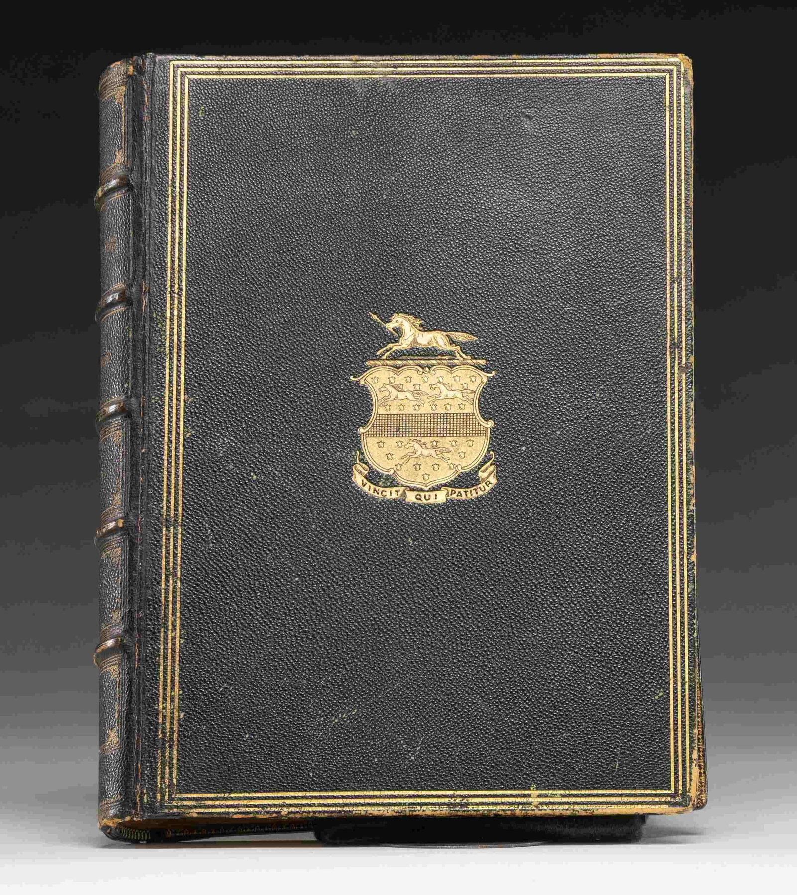 FINE DELUXE 1ST EDITION ARMSMEAR-MEMORIAL OF: COLONEL SAMUEL COLT. Quarto, 399 pages, 80 full page illustrations, bound in stippled full dark green Moroccan leather, gold embossed, Colt family crest on covers, raised ribs, gilt edges, marbled Fre