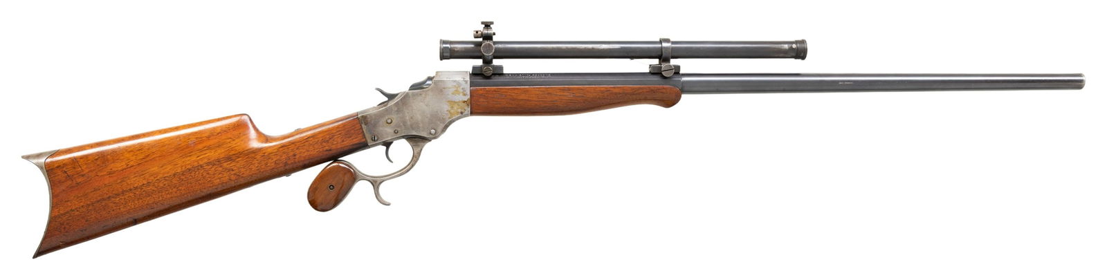 STEVENS NO. 44 1/2 IDEAL SINGLE SHOT RIFLE WITH: STEVENS TUBE SCOPE. Cal. 25.21 (25-21 Stevens). S# 955. Mfg. 1903-1916. Half rnd., half oct. 26" barrel. Stevens Tube Scope S# 470 w/ fine crosshairs, external adj. scope base on scope blocks
