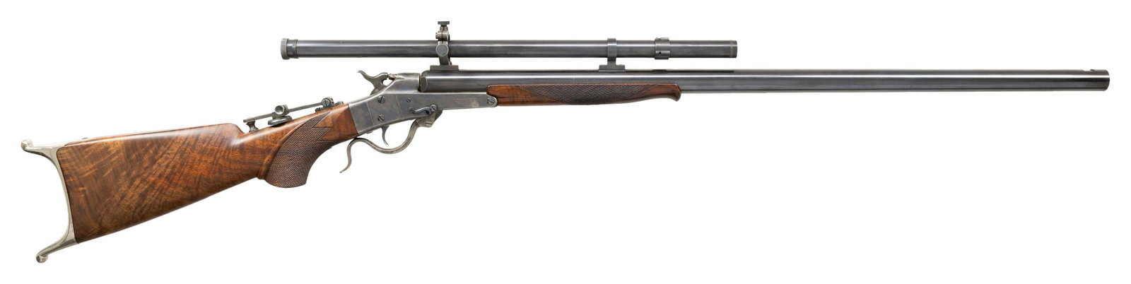 MAYNARD NO. 16 IMPROVED SINGLE SHOT TARGET RIFLE.: Cal 25-20 Single Shot. S# 13035. Bbl 28" round with gap at the breech. Breech end of bbl is relined and rechambered for the 25-20 SS cartridge. Right side of action has three line Mass Arms marking ov