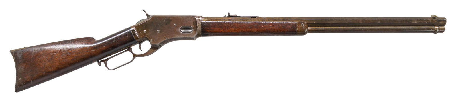 WHITNEY-KENNEDY LEVER ACTION SMALL FRAME SPORTING: RIFLE. Cal. 38-40. S#. Q600. Bbl. 24" octagon with 2 line address. German silver blade front with sporting rear sight. Full length mag. Loop style lever. Walnut forend & straight grip stock with cresc