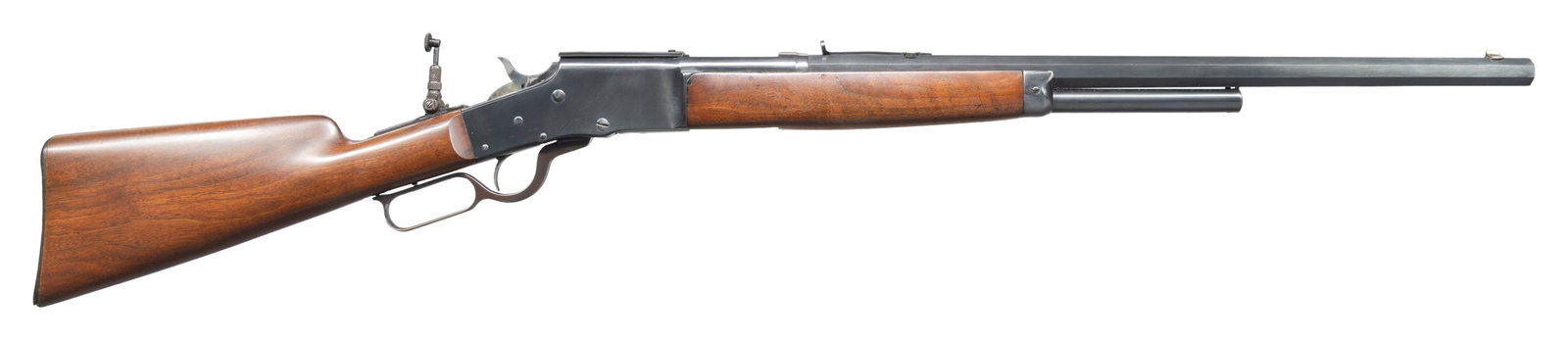 BULLARD LARGE FRAME LEVER ACTION RIFLE.: Cal 45 for 45-70 or 45-75 Sharps straight case cartridge). S#. 821. Bbl. octagon, shortened to 21 1/2". Sporting front with replacement sporting style rear sight missing elevator and added Marble tang
