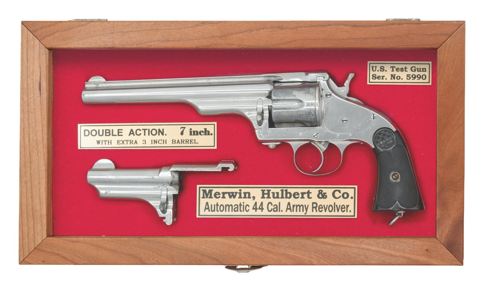 ALL MATCHING CASED MERWIN & HULBERT 4TH MODEL 2: BARREL SET DA REVOLVER WITH U.S. MARKING ON BUTT. Cal. 44-40. S# 5990. Bbl. 7 1/2" ribbed with pinned blade front sight. Mfg. for Merwin & Hulbert by Hopkins & Allen. Matching numbers on frame, cyl, &