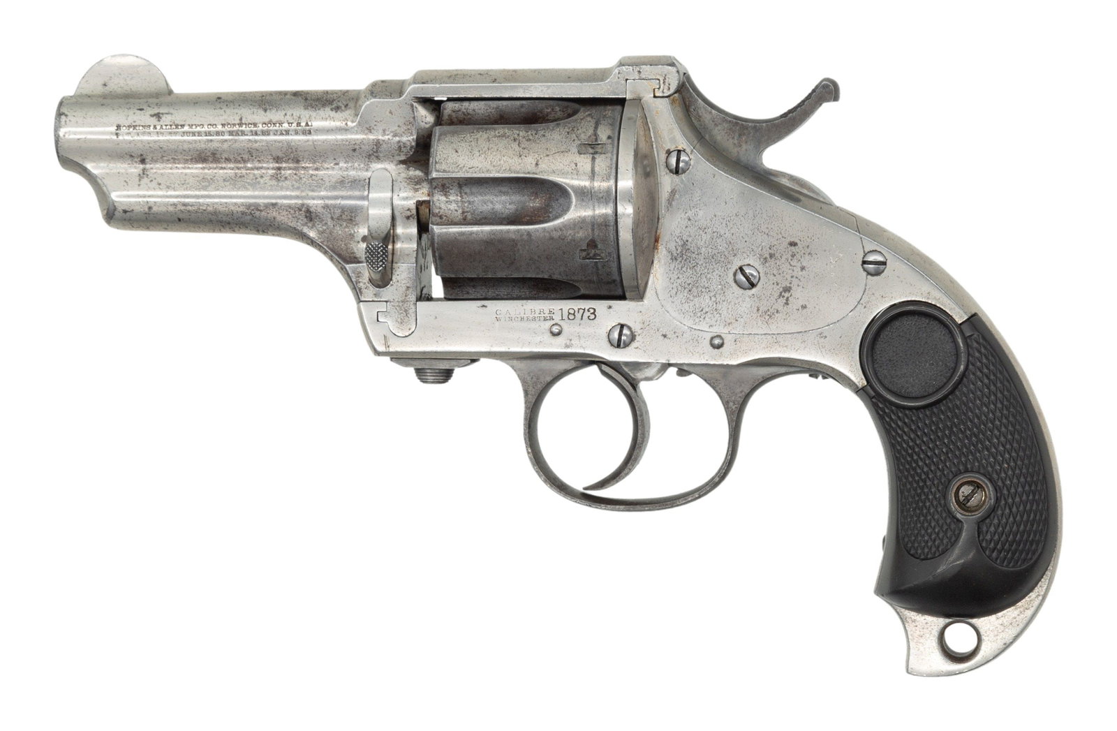 MERWIN & HULBERT 3RD MODEL POCKET ARMY DA: REVOLVER. Cal. 44-40. S# 6483. Bbl. 3 3/8" with integral blade front sight. Mfg. for Merwin & Hulbert by Hopkins & Allen. 6 Shot fluted cyl. 2 Piece checkered hard rubber bird's head grips in "skullcr