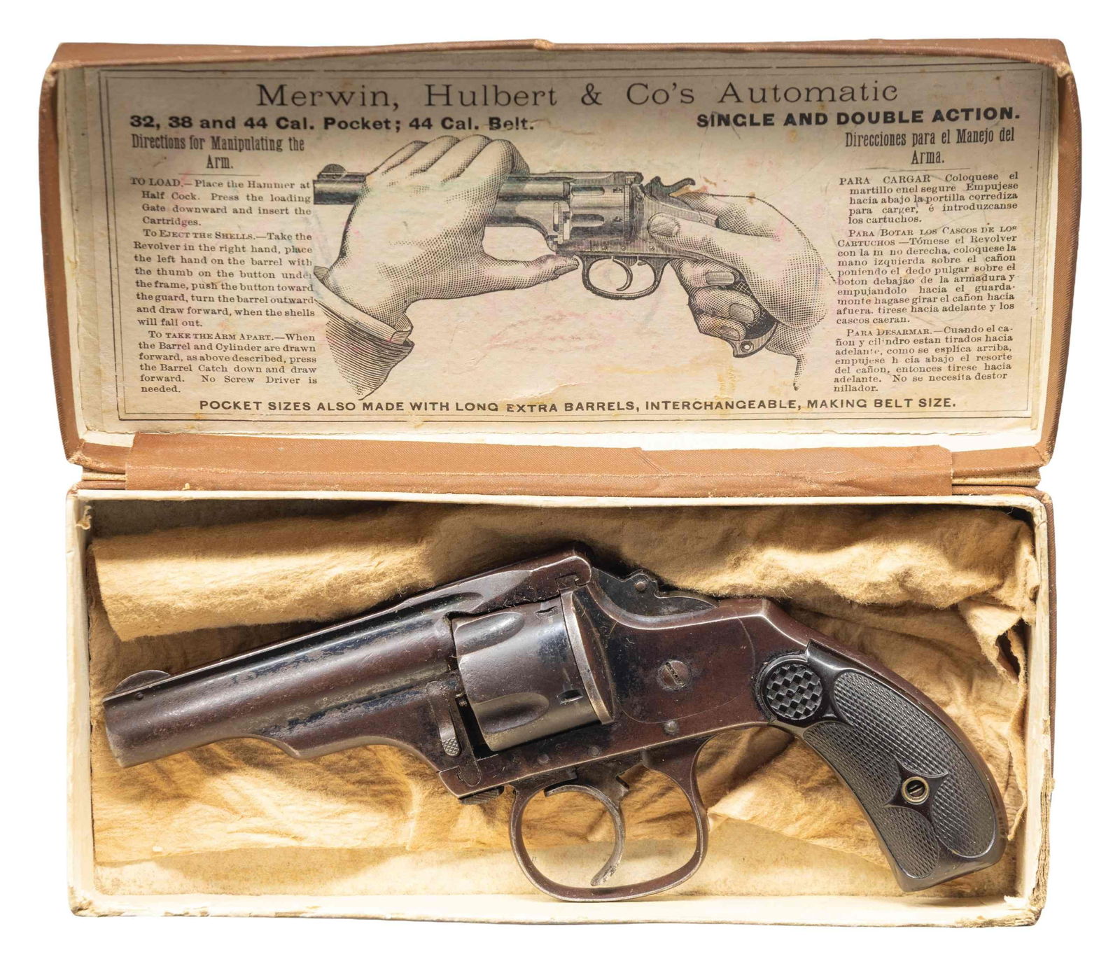 MERWIN & HULBERT SMALL FRAME POCKET MODEL DA: REVOLVER WITH MATCHING FACTORY BOX. Cal. 32 M&H. S# 14665. Mfg. 1880's. Matching numbered 3" bbl. w/ pinned blade front sight, rib has Merwin & Hulbert address markings & trench rear sight. Matching n