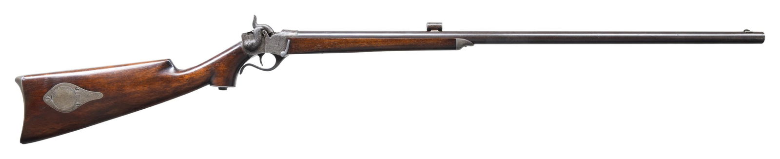 SCARCE & DAINTY FACTORY ENGRAVED & INSCRIBED C.: SHARPS PISTOL ACTION BREECHLOADING PERCUSSION RIFLE. Cal. 31. S# 119. Bbl. 28" rnd. with dovetailed mounted semi-circular blade front sight, 7/8" tube rear sight with V-notch blade mounted 9" forward