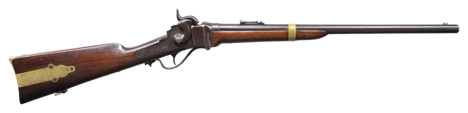 SHARPS NEW MODEL 1859 PERCUSSION U.S. INSPECTED: BREECHLOADING CARBINE. Cal. 52. 32209. Bbl. 22" rnd. Reattached front sight base missing the blade with Lawrence patent leaf rear sight. Straight breech action with Lawrence primer feed having saddle
