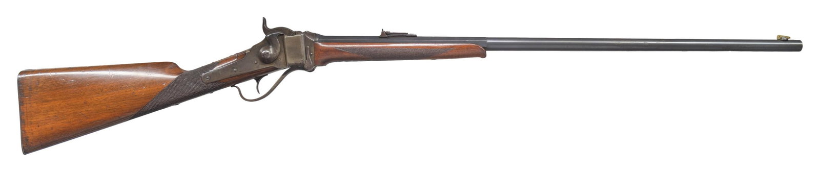 SHARPS 1874 MID RANGE NO. 2 SINGLE SHOT RIFLE.: Cal. 40-70 Sharps Bottle Neck. S#. 158568. Bbl. 30" octagon to round with Hartford address. right bbl. flat is stamped "MID RANGE 50". Rocky Mtn. front with folding leaf rear sight, top tang has plug