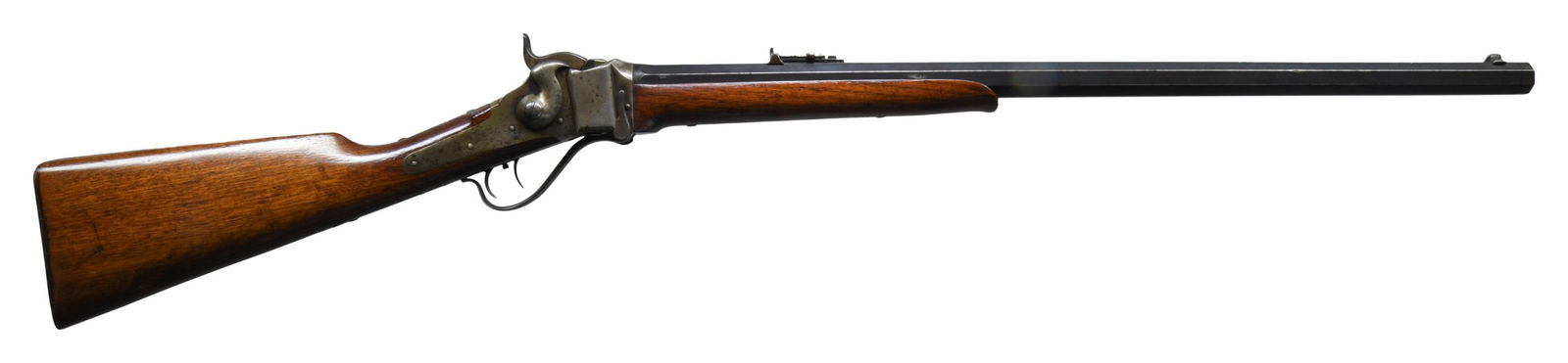 SHARPS MODEL 1874 SPORTING SINGLE SHOT "BUFFALO: RIFLE". Cal. 44 (44-90 Straight for 2 5/8" shell). S# 158681. Bbl. 28" octagon measuring 15/16" across flats at muzzle. Brass blade front sight with an unmarked sporting leaf rear sight. Top flat is