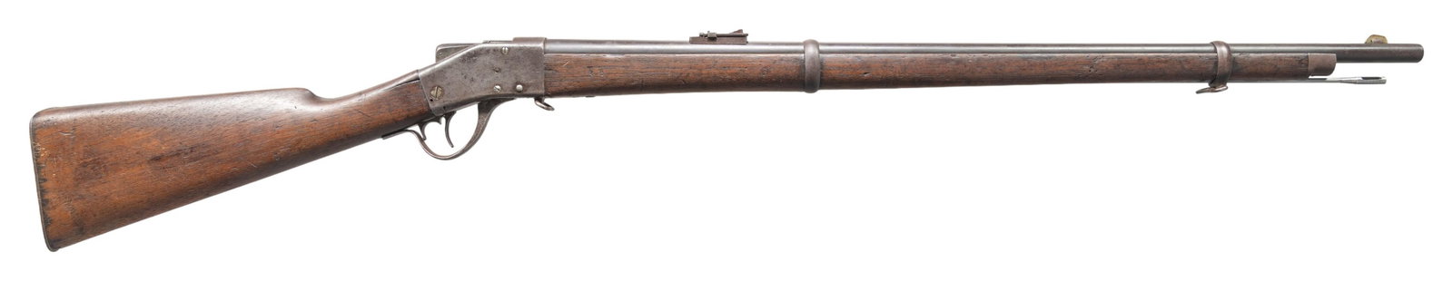 SHARPS-BORCHARDT MODEL 1878 MILITARY RIFLE.: Cal. 45-70. S# 9815. Approx. 7,300 mfg. 1878-1881. Rnd. 32 1/8" barrel. German silver blade front sight & ladder rear sight. Hugo Borchardt patent hammerless falling block action. Walnut stock w/