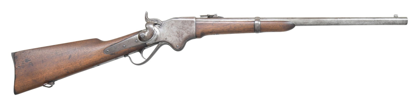 SPENCER CIVIL WAR MODEL 1860 LEVER ACTION CARBINE.: Cal. 52 RF (56-56). S# 21503. Bbl. 22". Blade front sight with carbine leaf rear sight. Lever operated exposed hammer action has saddle ring and bar on left side. Band fastened walnut forearm and