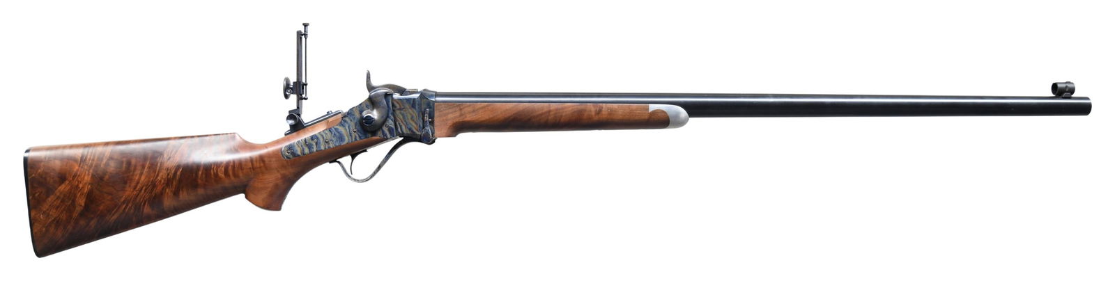 SHILOH-SHARPS 1874 SINGLE SHOT RIFLE.: Cal. 40-65. S# B9116. Rnd. 30" bbl. measuring .90" diameter at muzzle. Globe post front sight & Vernier tang sight having 1" disk & 3.75" staff. Color-cased finished action. Smooth fine figured walnut