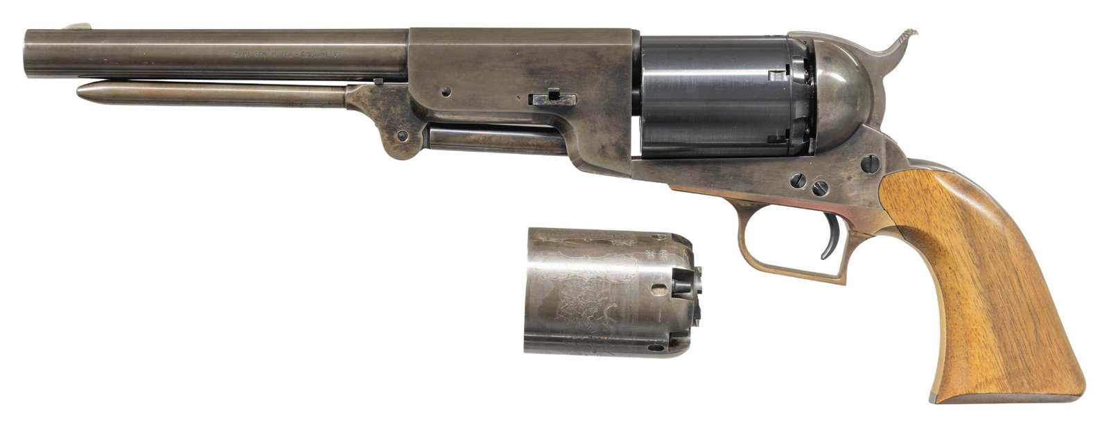 ASM WALKER REVOLVER WITH 45 COLT CONVERSION CYL.: Cal. 45 Colt. S# 41044. Bbl.9". Blade front sight. Gun has 45 Colt conversion cyl. installed & thus is modern not antique. Cyl. is blued. Balance of parts have a gray appearance with traces of case co